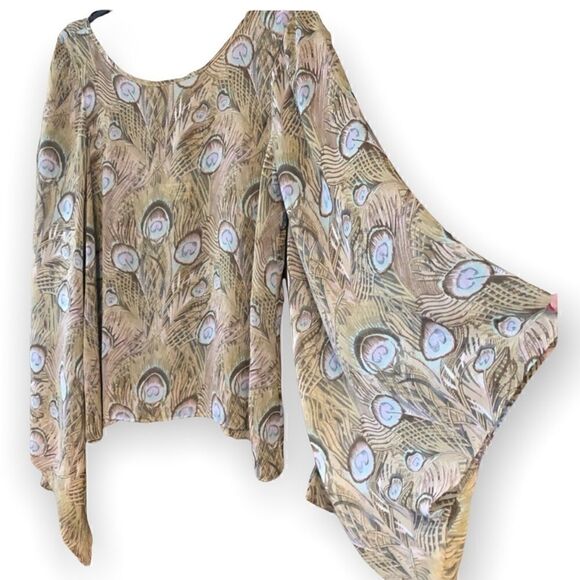 Show Me Your Mumu S BOHO Sheer Beige Graphic Peacock Flowy Design Poncho - Picture 1 of 8